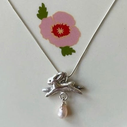 Bunny Necklace, La Conejita Necklace with Rounded Pearl - Silver