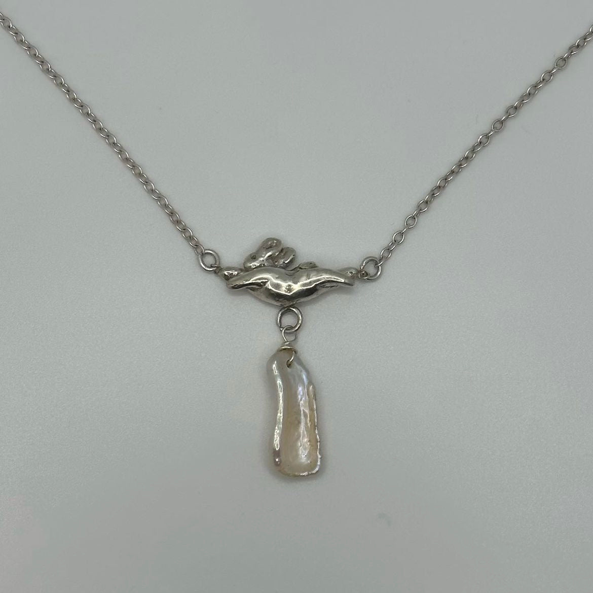 Dancing Bunny Necklace, Baroque Pearl - Silver
