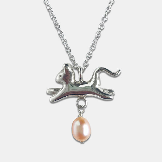 Cat Necklace with Rounded Pearl - Silver