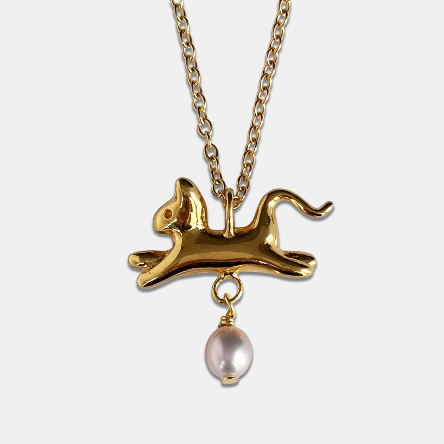 Cat Necklace with Rounded Pearl - Gold