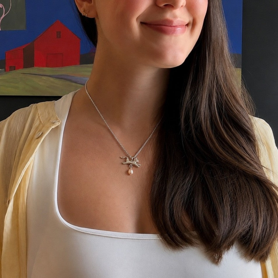 Cat Necklace with Rounded Pearl - Silver
