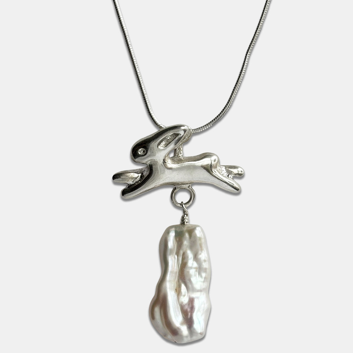 Bunny Necklace, La Conejita Necklace with Heavy Pearl - Silver