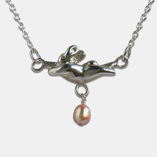 Dancing Bunny Necklace, Rounded Pearl - Silver