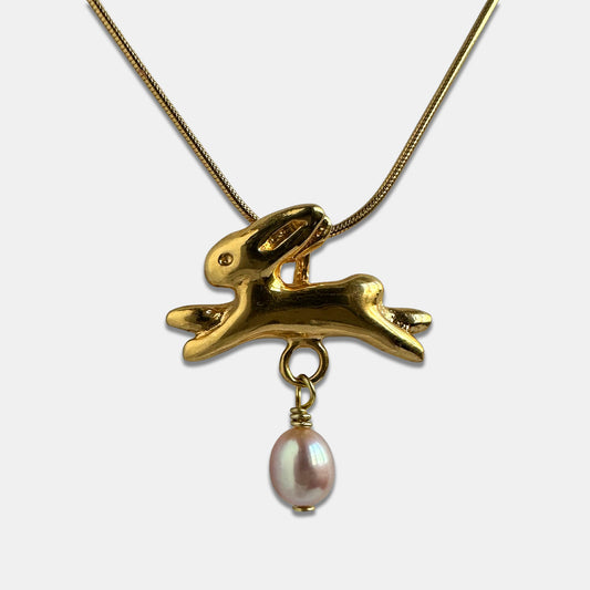 Bunny Necklace, La Conejita Necklace with Rounded Pearl - Gold