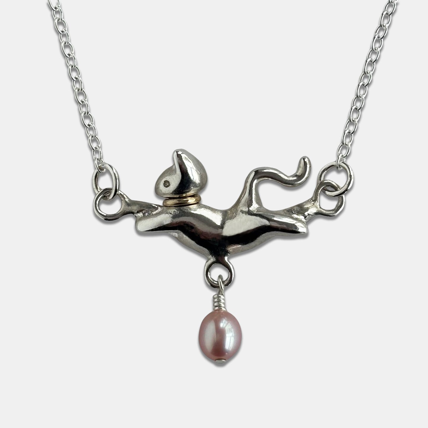 Dancing Cat Necklace, Rounded Pearl - Silver