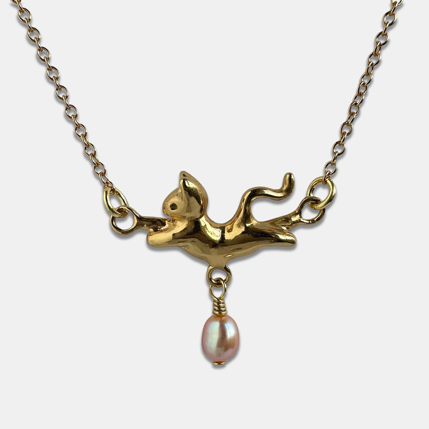 Dancing Cat Necklace with Rounded Pearl - Gold