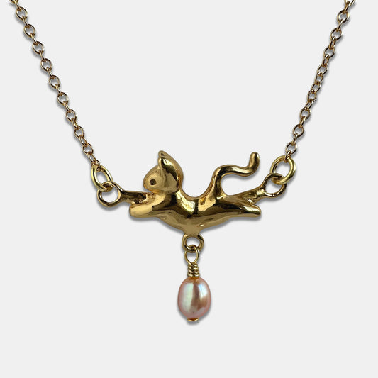 Dancing Cat Necklace with Rounded Pearl - Gold