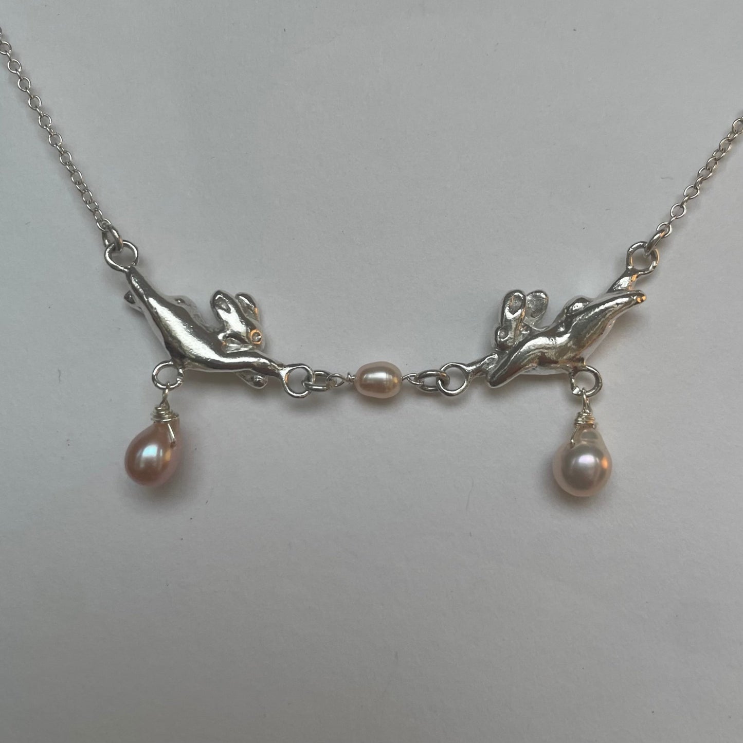 Dancing Bunny Pair Necklace, 2 Round Pearls - Silver - Necklaces