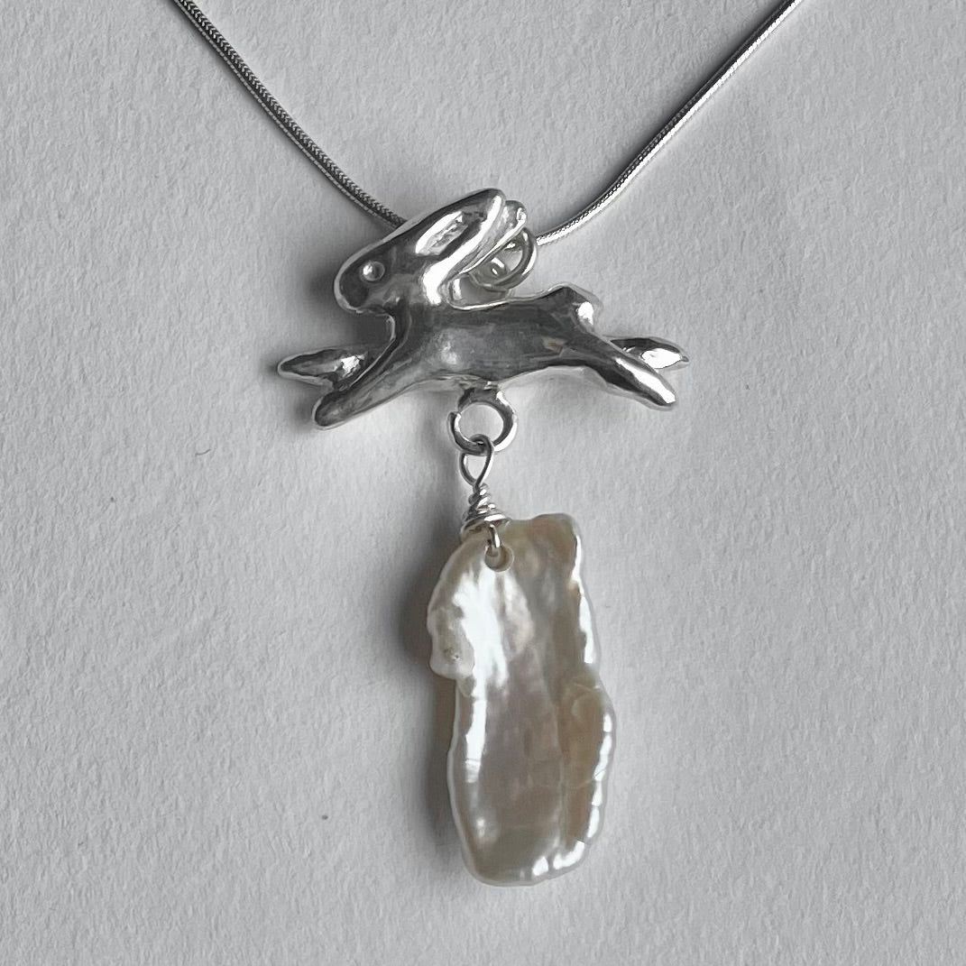 Bunny Necklace, La Conejita Necklace with Heavy Pearl - Silver