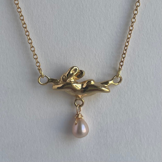 Dancing Bunny Necklace with Rounded Pearl - Gold - Necklaces