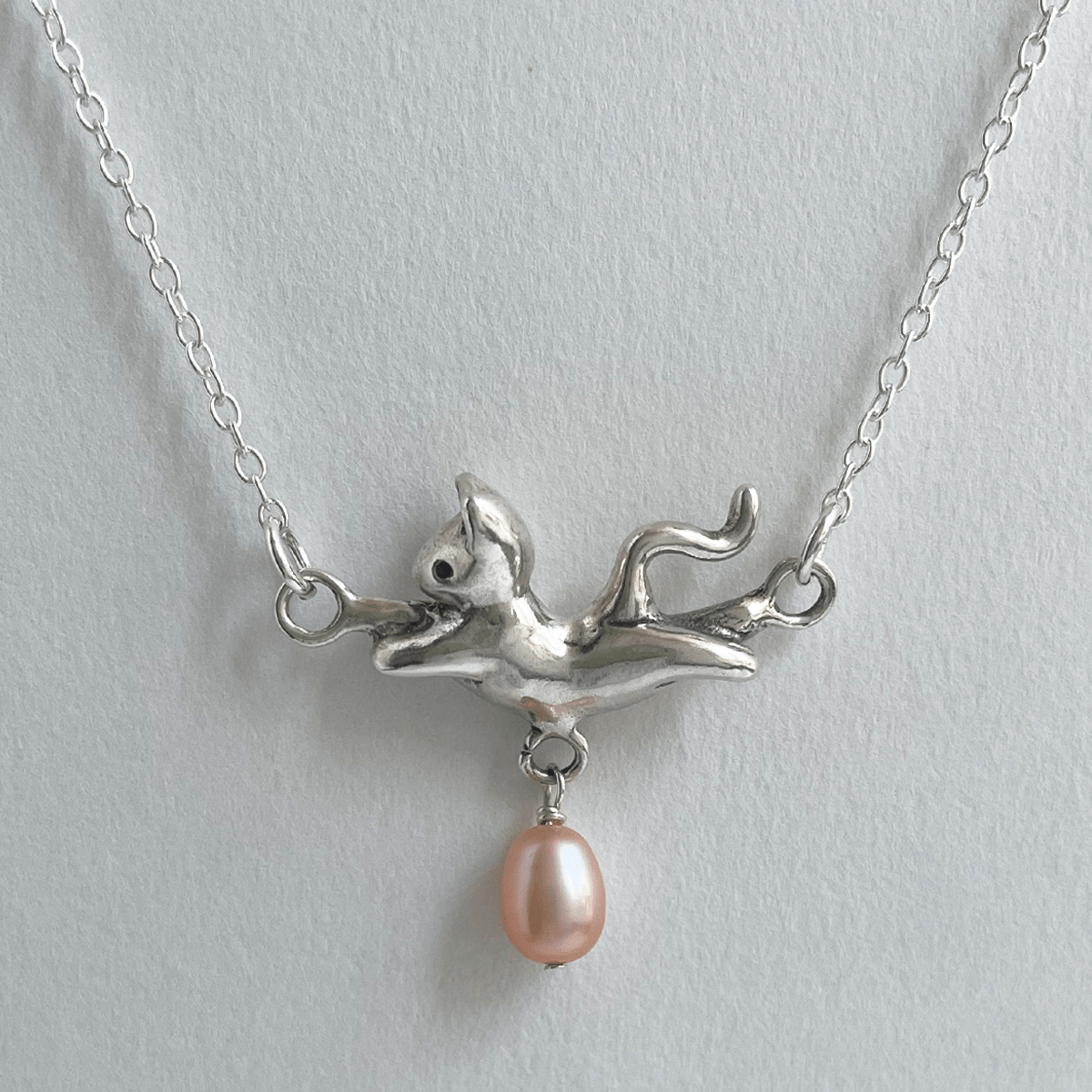 Dancing Cat Necklace, Rounded Pearl - Silver - Necklaces