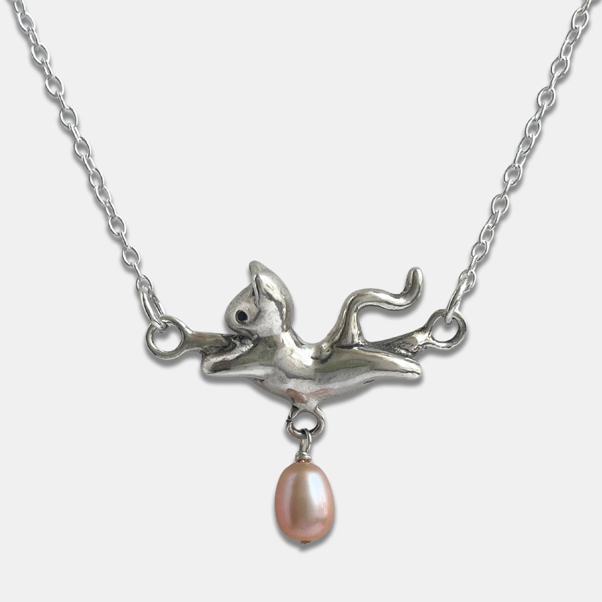 Dancing Cat Necklace, Rounded Pearl - Silver - Necklaces
