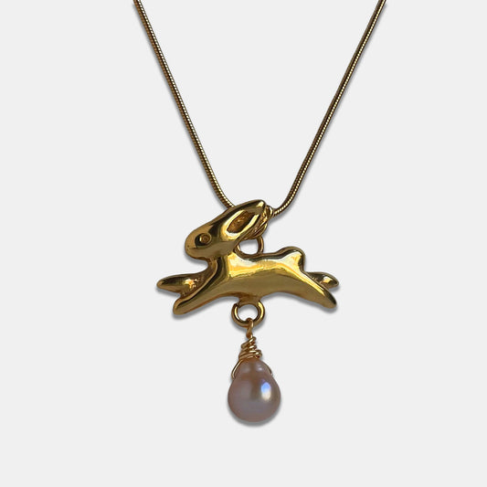 Bunny Necklace, La Conejita Necklace with Rounded Pearl - Gold