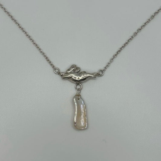 Dancing Bunny Necklace, Baroque Pearl - Silver