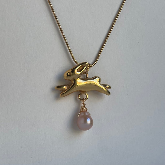 Bunny Necklace, La Conejita Necklace with Rounded Pearl - Gold