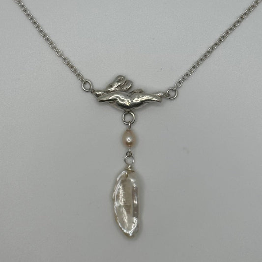 Dancing Bunny Necklace, 2 Pearls - Silver