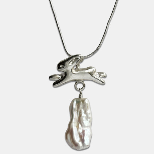 Bunny Necklace, La Conejita Necklace with Heavy Pearl - Silver
