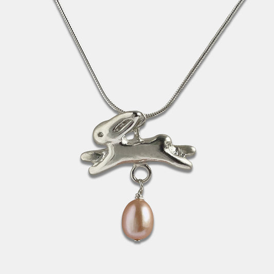 Bunny Necklace, La Conejita Necklace with Rounded Pearl - Silver