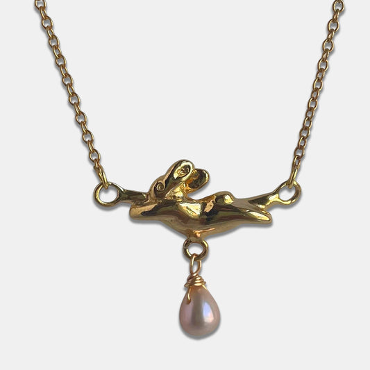 Dancing Bunny Necklace with Rounded Pearl - Gold