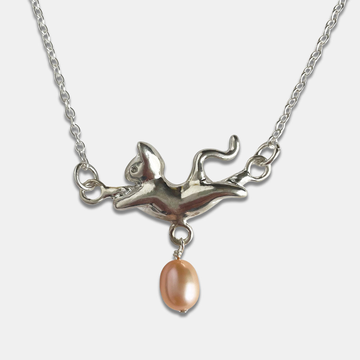 Dancing Cat Necklace, Rounded Pearl - Silver